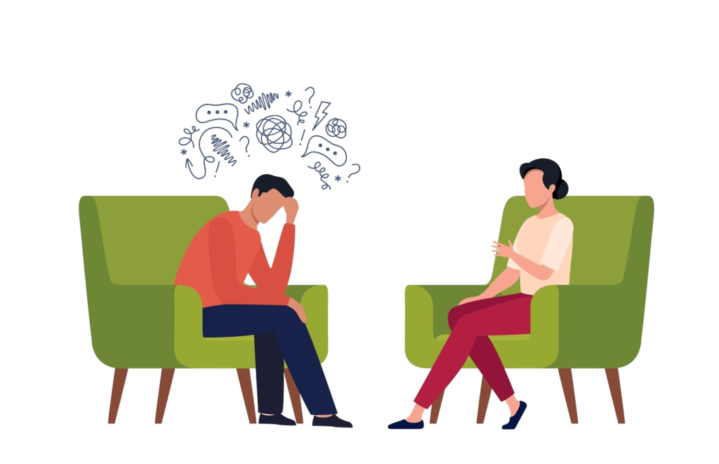 Illustration of two people in green chairs. One leans forward, head in hand, as the other holds a clipboard—symbols of abstract thought float above, capturing the essence of los Angeles grief counseling near me. This scene could unfold in a supportive setting with the best grief counselors.