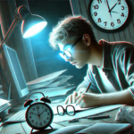 A person with glasses, harnessing intense focus, works intently at a desk under a lamp, surrounded by papers and a computer. Two clocks show different times.