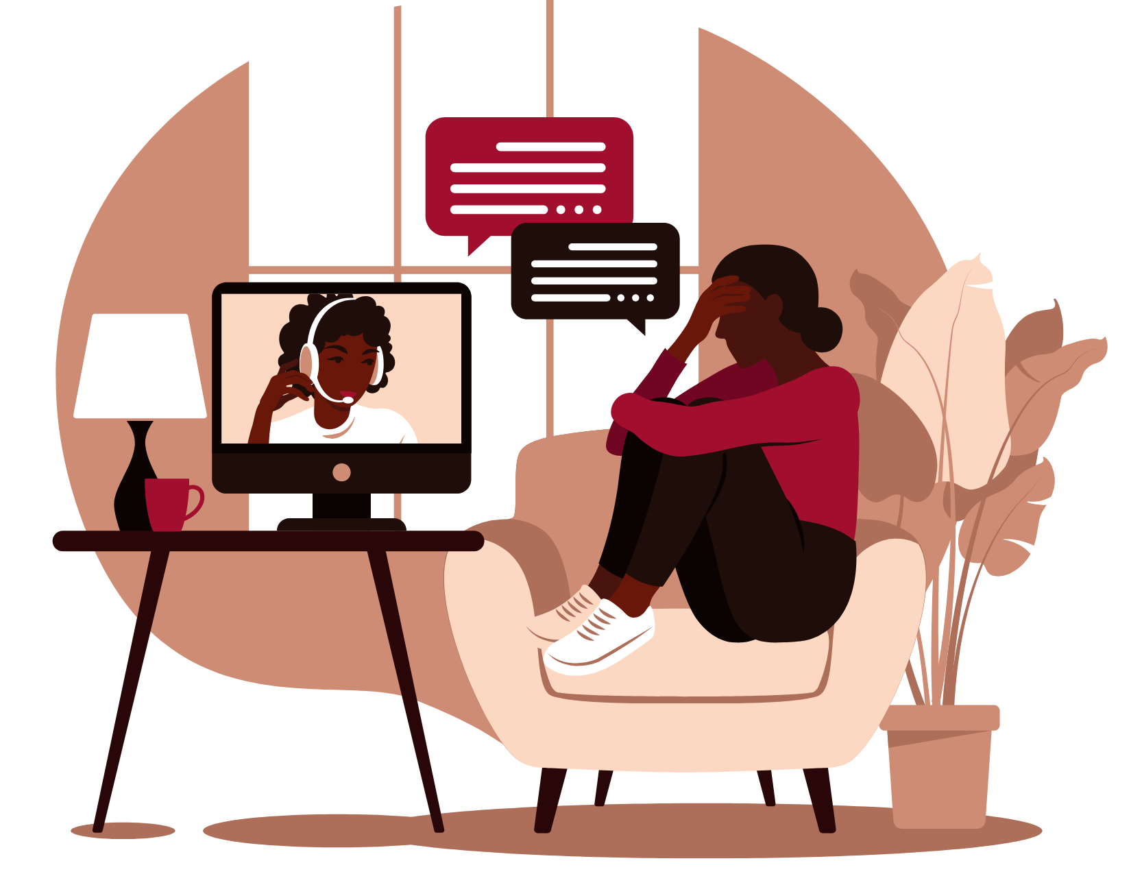 A person sits on a chair looking distressed while having an online therapy session with a Bay Area CBT Center therapist on a computer screen.