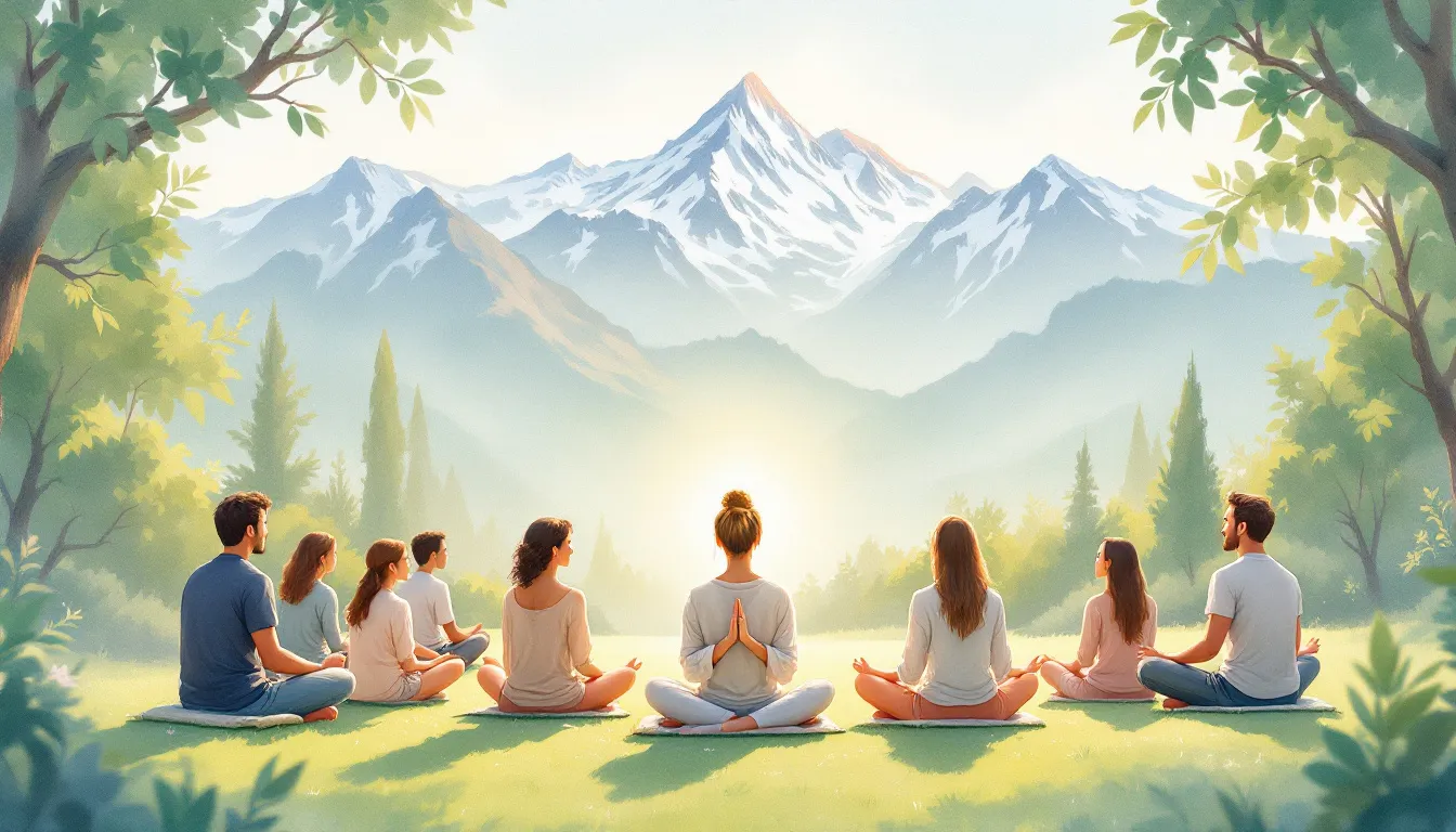 A group of individuals participating in a mindfulness training session at a mental health retreat.