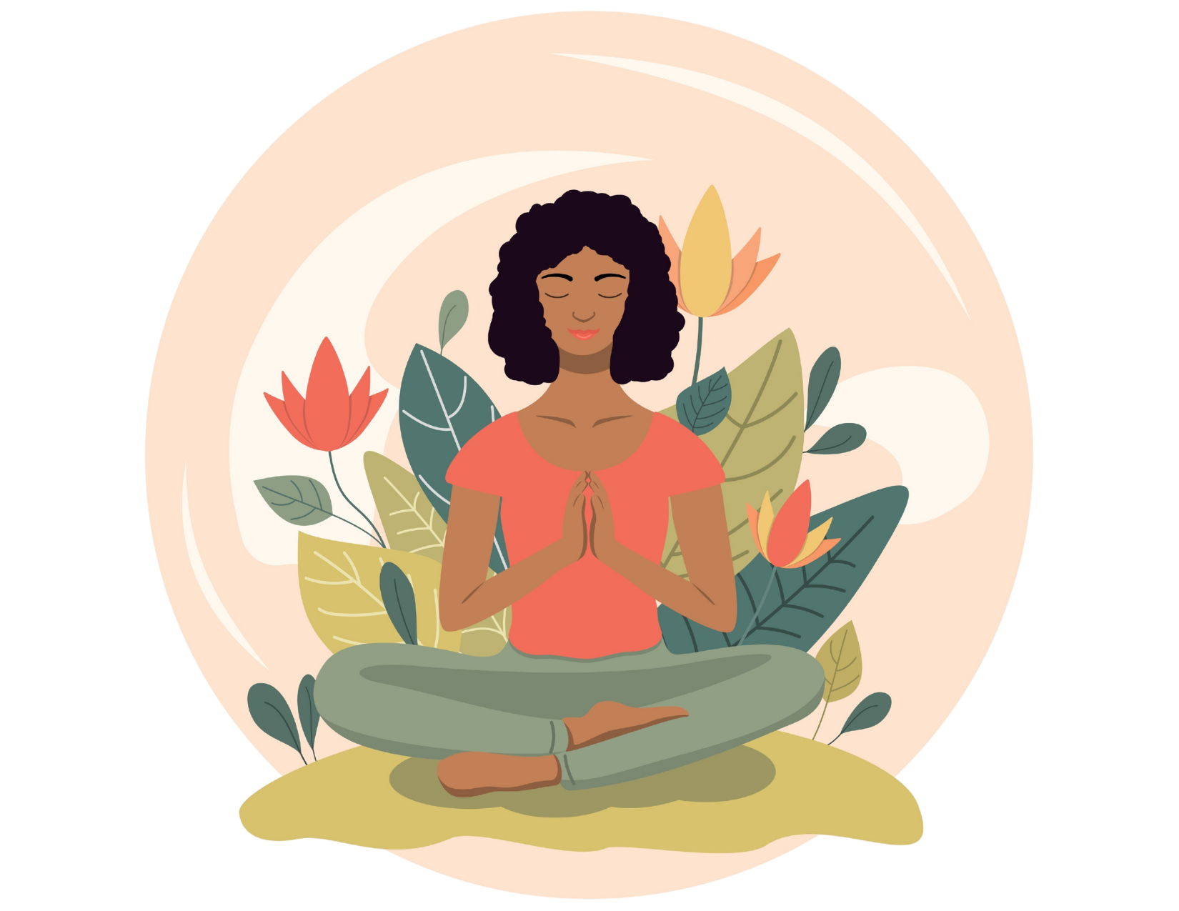 Illustration of a woman with curly hair sitting cross-legged in a meditative pose outdoors, hands together, surrounded by leaves and flowers—reflecting self-care and mental health practices encouraged by psychologists and therapy.