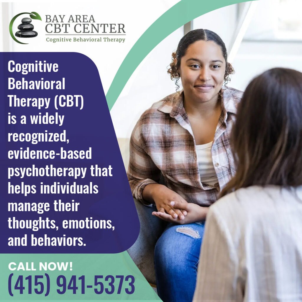 Two people sit facing each other in a therapy session. A text bubble highlights the benefits of Cognitive Behavioral Therapy (CBT) and mindfulness, offering insights into improved mental health, alongside a contact phone number for the Bay Area CBT Center.