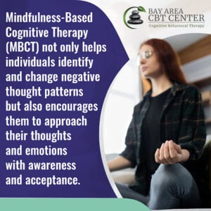 Indoors, a person meditates while embracing the benefits of Mindfulness-Based Cognitive Therapy (MBCT), a powerful approach enhancing mental health. The Bay Area CBT Center's logo stands as a beacon for those seeking balance and well-being through mindfulness and CBT practices.