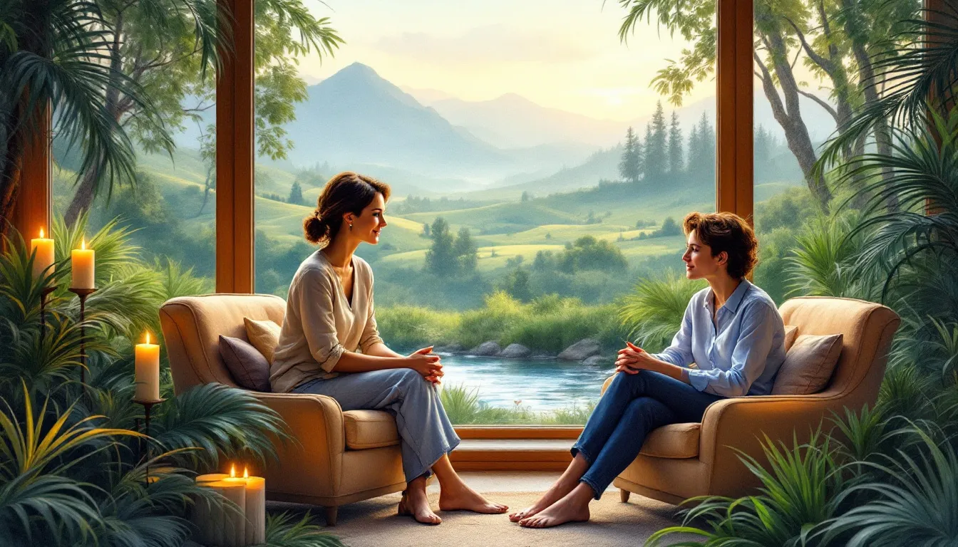 A therapist conducting a session with a client at a mental health retreat.