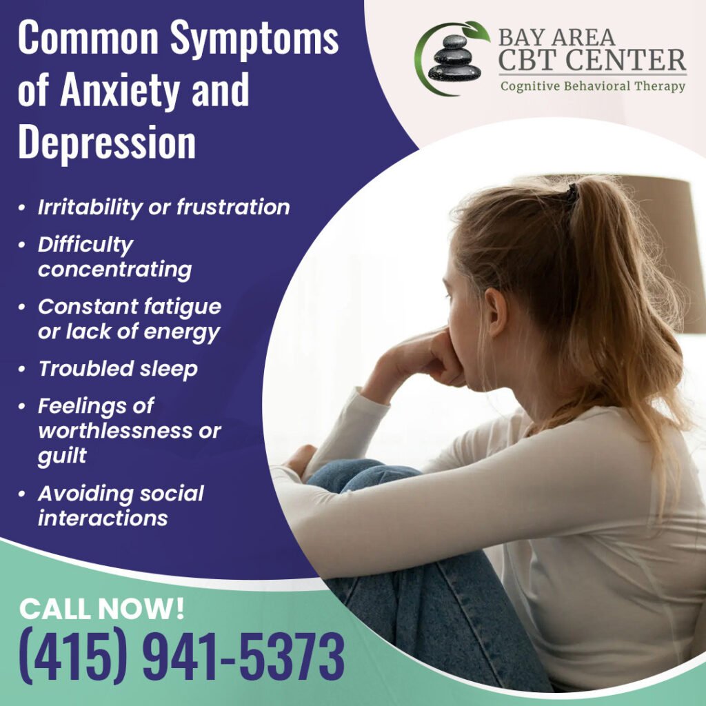 A woman sits pensively, reflecting on a list titled "Common Symptoms of Anxiety and Depression," which includes irritability, concentration issues, fatigue, sleep troubles, feelings of worthlessness, and social avoidance. She considers seeking help at the Bay Area CBT Center for her mental health.