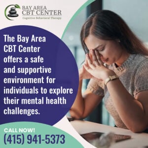 A woman sits at a table, head in hands, eyes closed. The text highlights the Bay Area CBT Center, offering a supportive environment for mental health through effective CBT therapy. Includes a phone number to call for assistance.