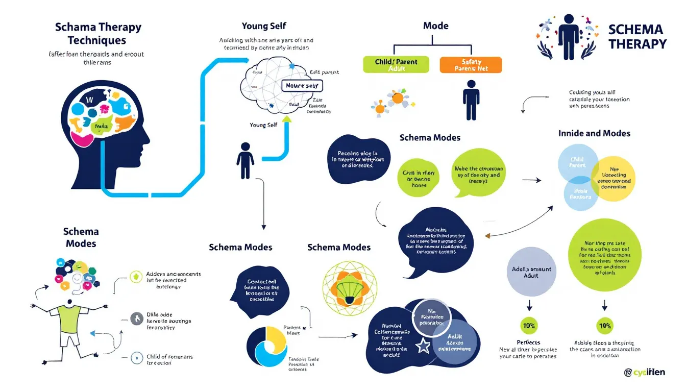 A diagram showcasing various techniques used in schema therapy, including cognitive and experiential techniques.