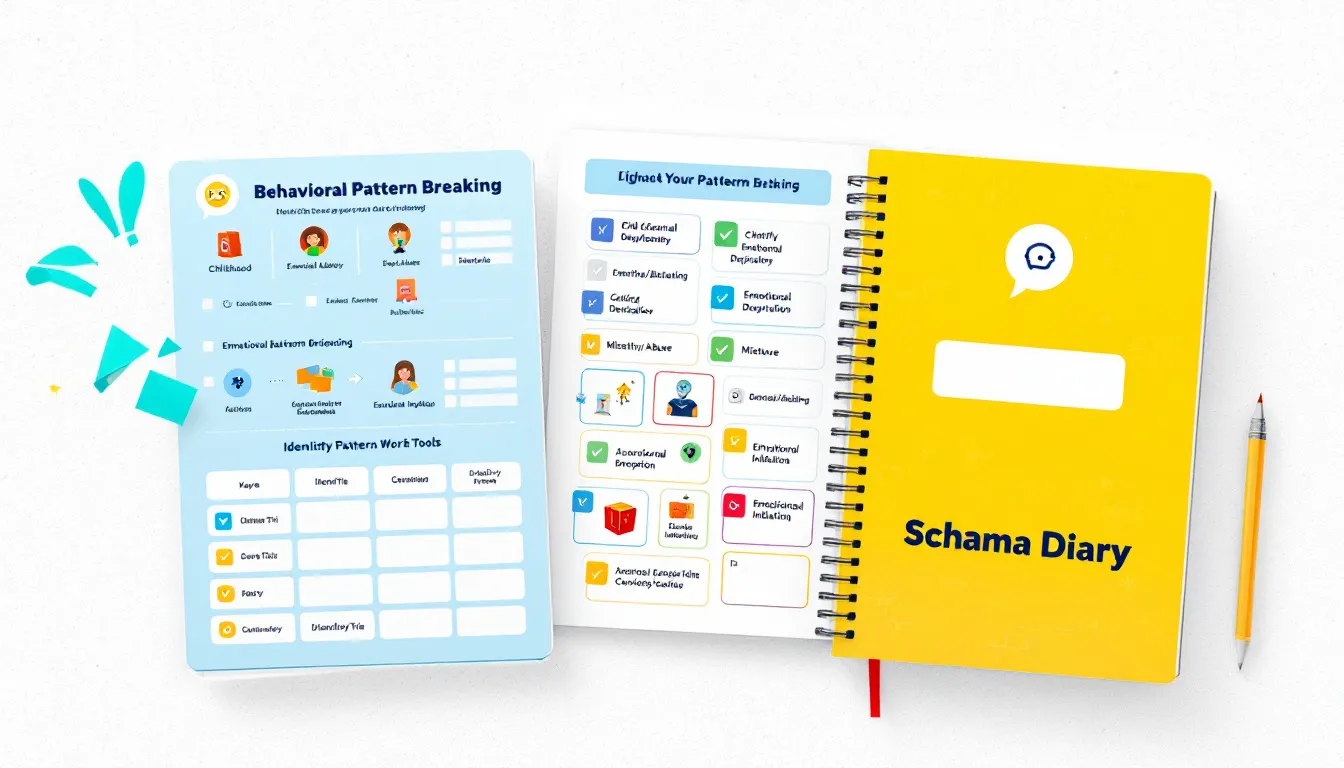 A collection of worksheets and tools used in schema therapy, including a schema diary and behavioral pattern breaking worksheet.
