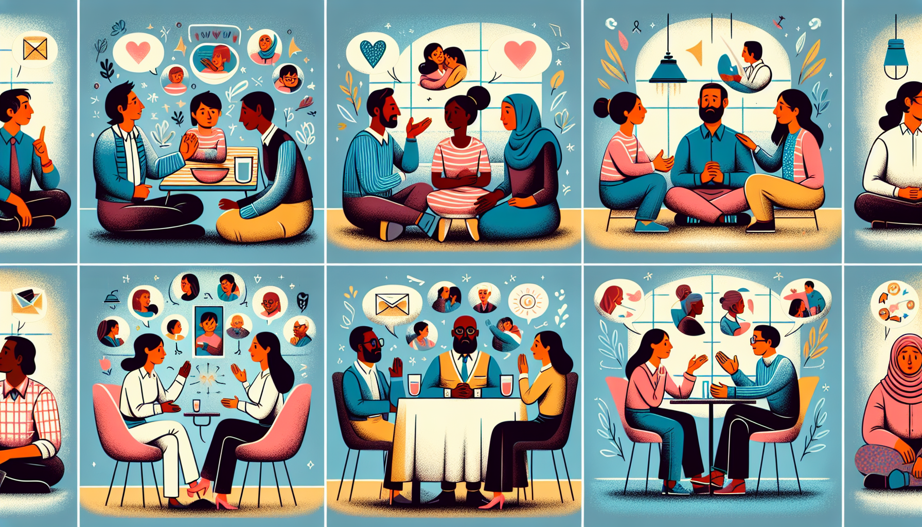 An illustration depicting practical applications of Nonviolent Communication in various settings.