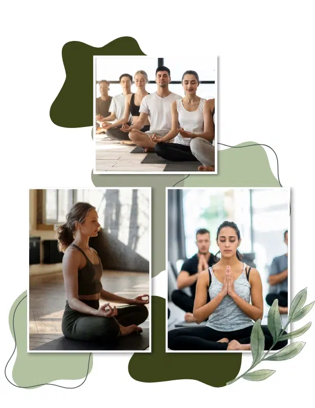 Three images show people sitting cross-legged indoors, meditating or practicing yoga in a group setting, with a nature-inspired graphic background, highlighting the atmosphere of a Mental Health Retreat and describing what happens at a retreat for mental health near me.