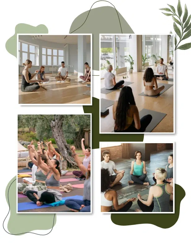 Four photos of people practicing yoga together indoors and outdoors, sitting on mats in a cross-legged pose with calm, focused expressions, highlighting holistic health retreats near me and mental health development through mindful movement.