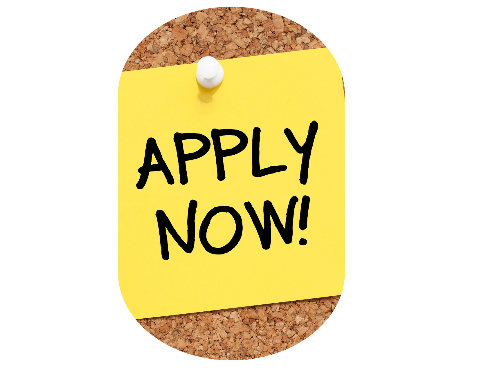 A yellow sticky note with the words "APPLY NOW!" pinned to a corkboard with a white pushpin, perfect for announcing exclusive couples retreats near me.