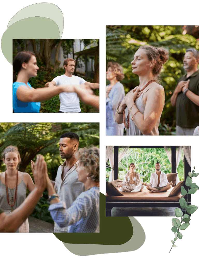 People participate in group meditation and mindfulness activities, both outdoors and indoors, during a mental health wellness retreat near me, standing with eyes closed, hands together, or seated cross-legged on cushions.