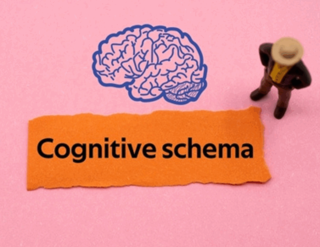 A small figurine stands next to a brain illustration and an orange paper label that says "Cognitive schema," offering a nod to Schema Treatment techniques on a pink background.