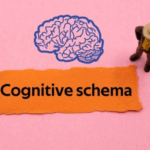 A small figurine stands next to a brain illustration and an orange paper label that says "Cognitive schema," offering a nod to Schema Treatment techniques on a pink background.
