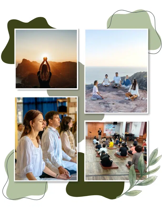 Collage of people practicing meditation; includes outdoor and indoor group sessions, and an individual meditating at sunrise on a mountain—capturing the essence of a Mental Health Retreat for personal development.