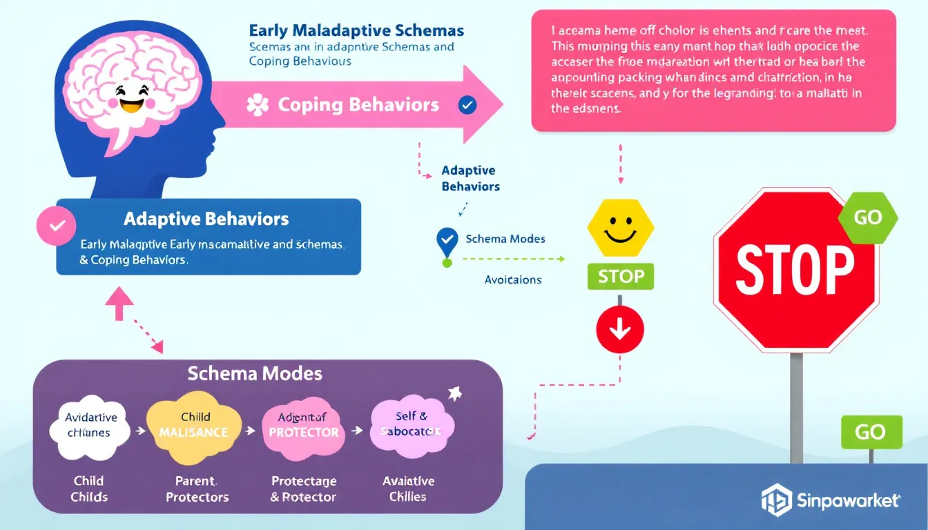 An image depicting behavioral strategies in schema therapy, emphasizing adaptive behaviors and coping mechanisms.
