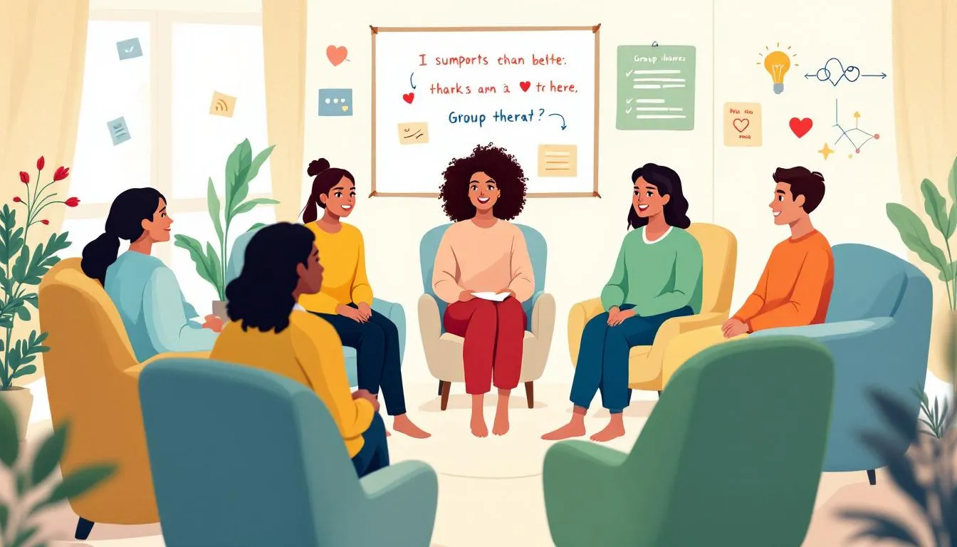 A supportive group therapy session where members share their experiences and provide emotional support.