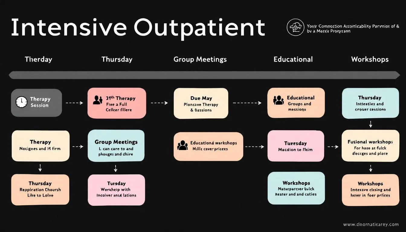 A calendar illustrating the schedule of an intensive outpatient program (IOP) treatment.