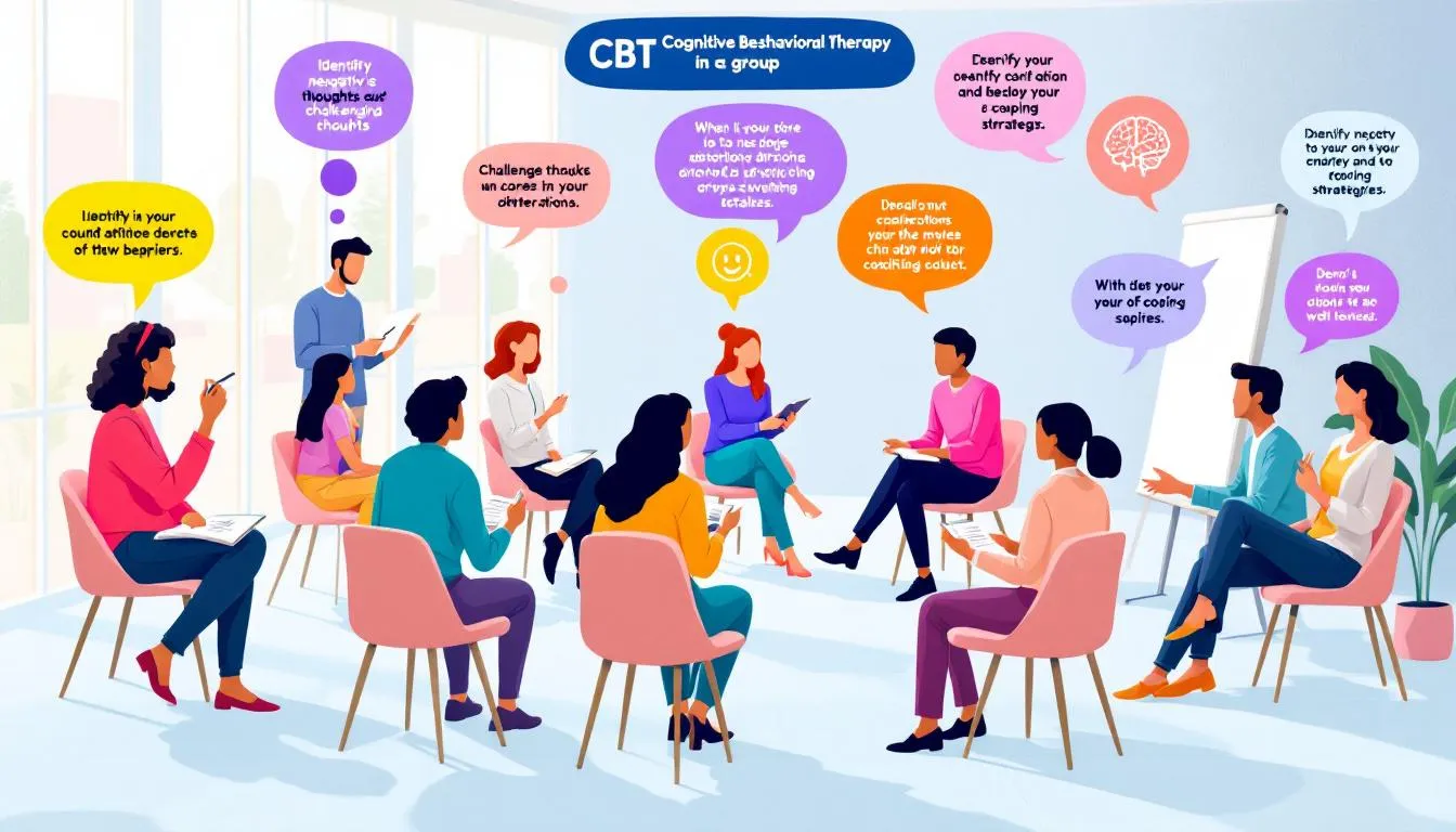 An image illustrating cognitive behavioral therapy techniques being practiced in a group setting.