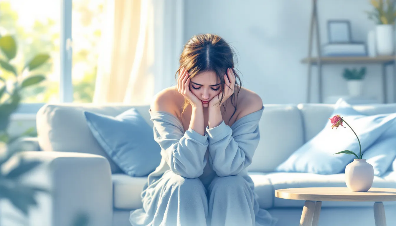 A person looking distressed while sitting in a therapist's office, representing depression and anxiety.
