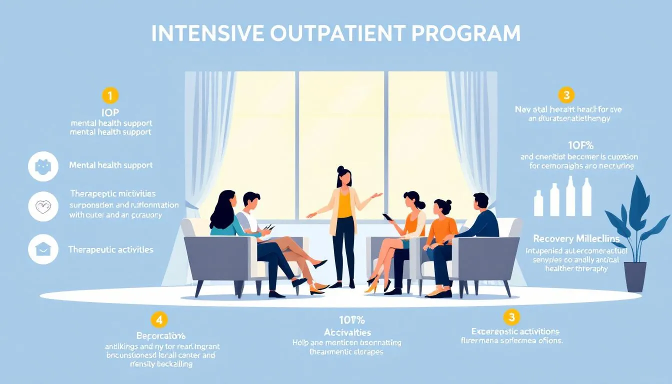 An overview of an intensive outpatient program (IOP) setting, illustrating a group therapy session.