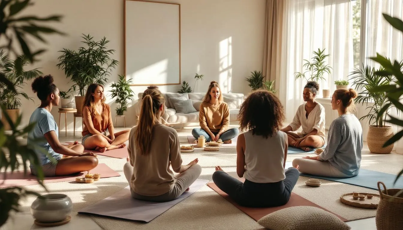 A diverse group participating in a mindful therapy group at Bay Area CBT Center.