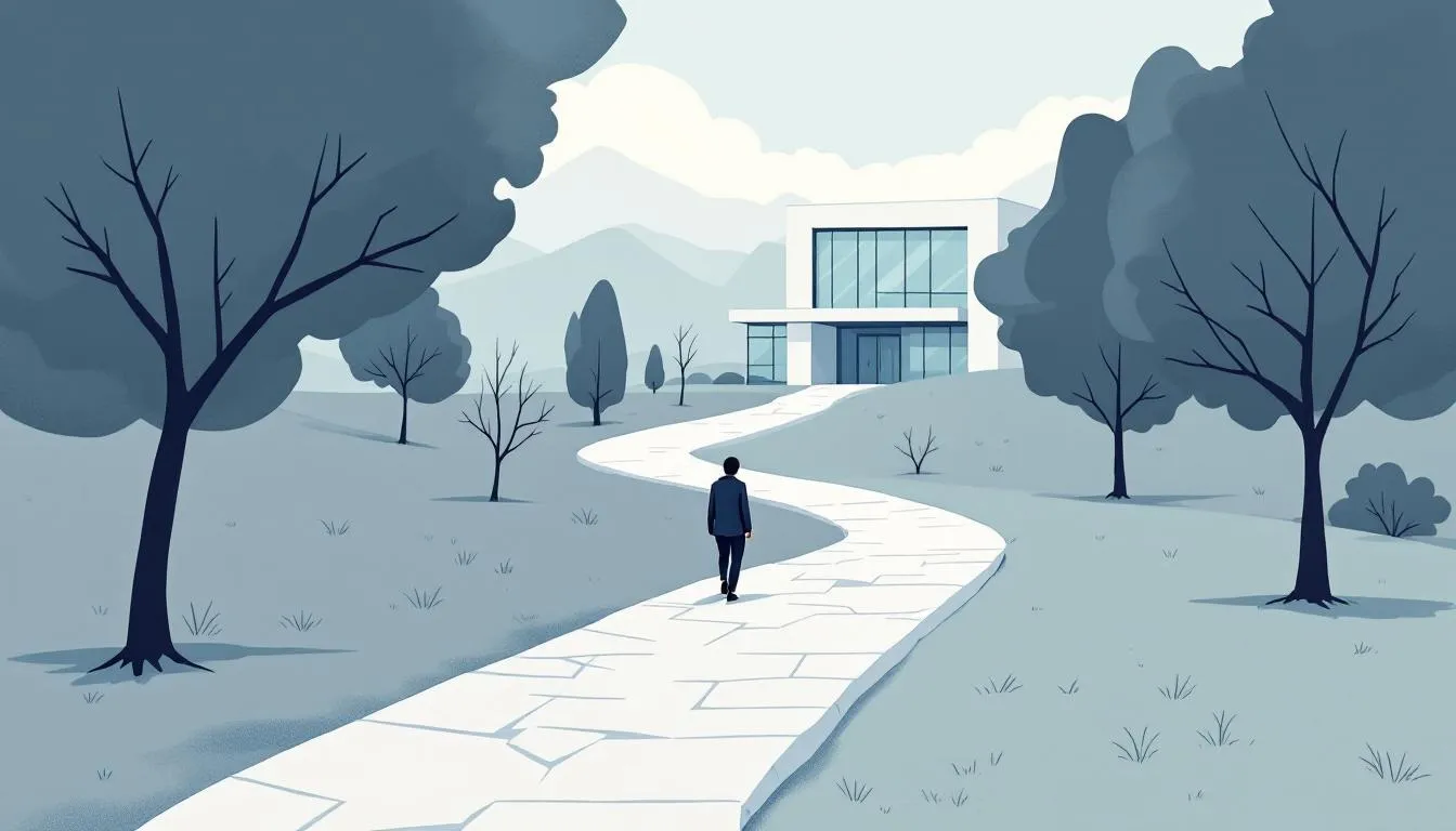 A pathway leading to a medical school, symbolizing the journey to becoming a psychiatrist.
