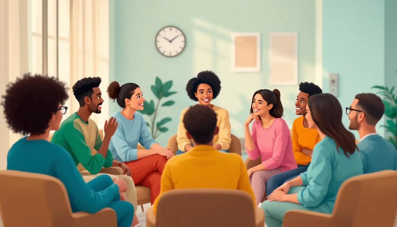 A group of individuals discussing the benefits of group therapy, showcasing diverse perspectives.