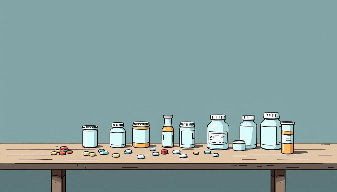 Various medications commonly prescribed by psychiatrists displayed on a table.