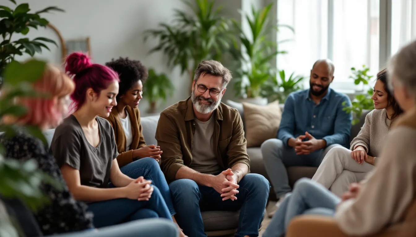 Participants in a group therapy session for bipolar disorder sharing their experiences.