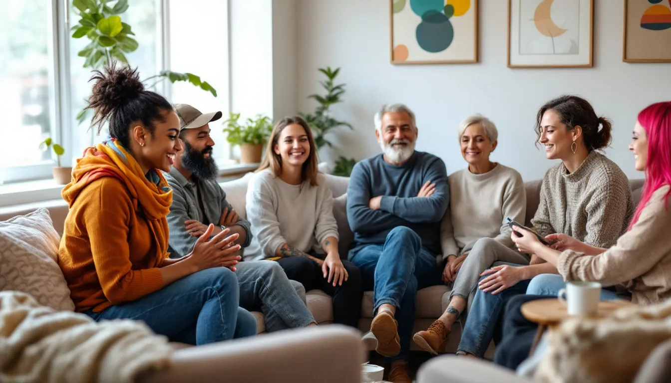 Different types of group therapy approaches for bipolar disorder being discussed in a session.