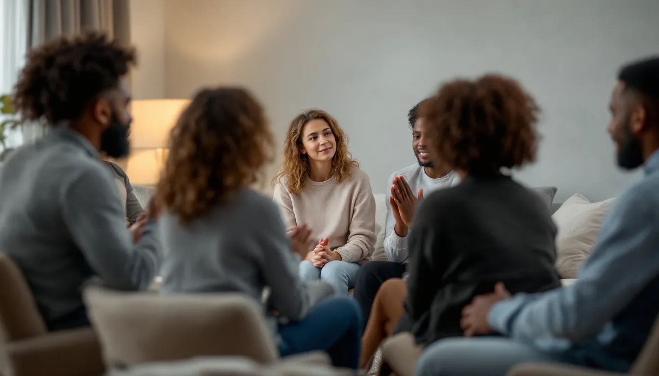 A support group meeting with people sharing their grief experiences, highlighting the desire for support and connection.
