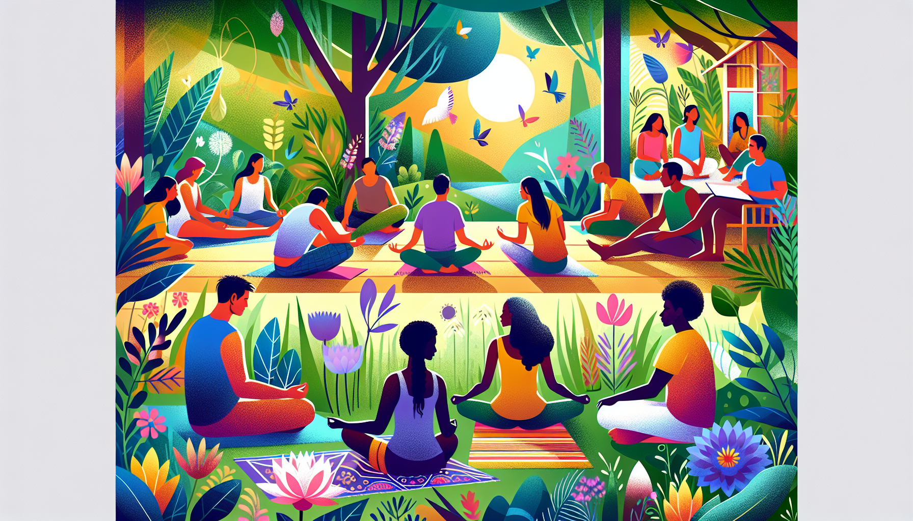 An illustration of individuals participating in activities at a behavioral health retreat.