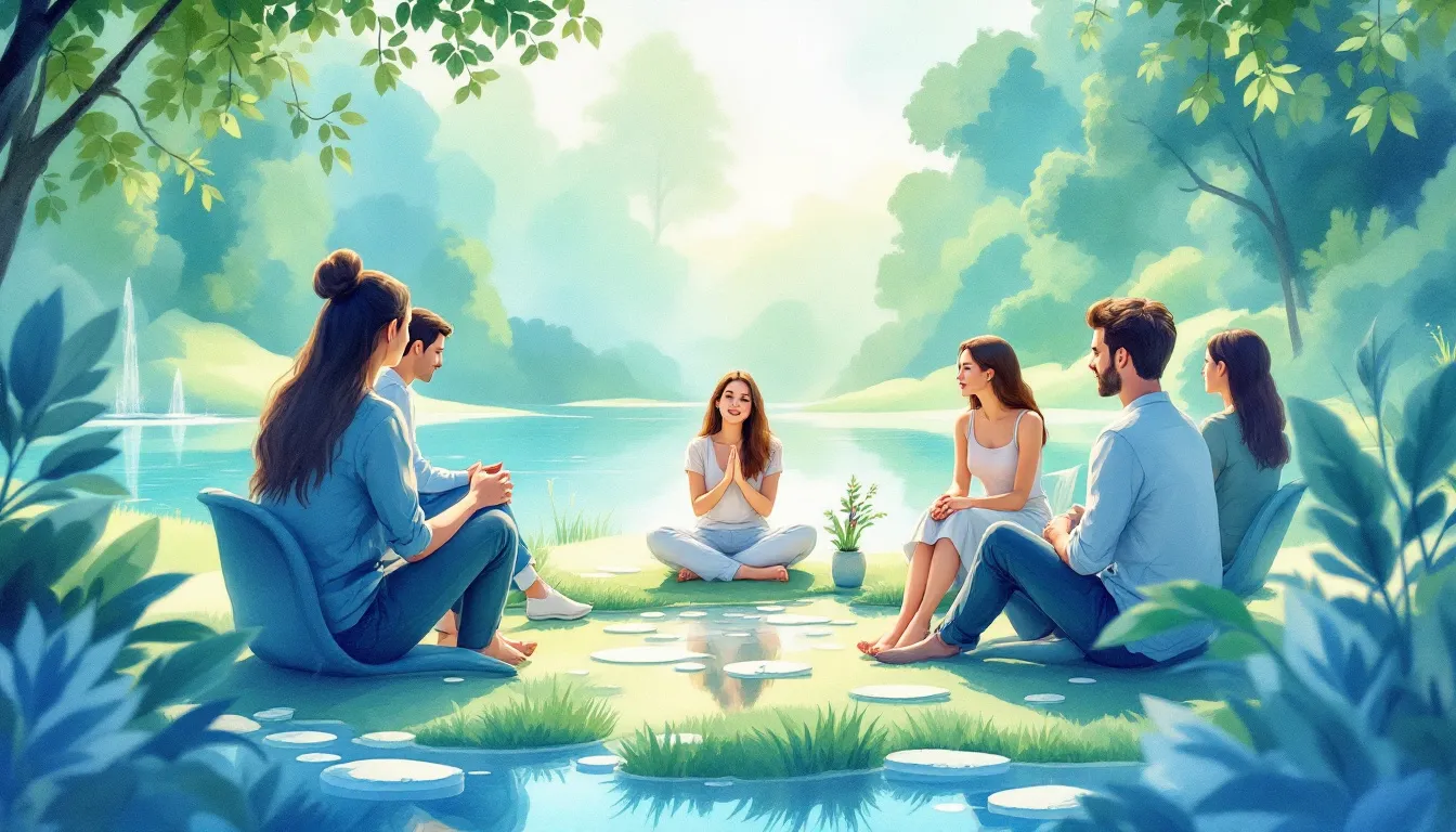 Participants engaging in group therapy at a mental health retreat.