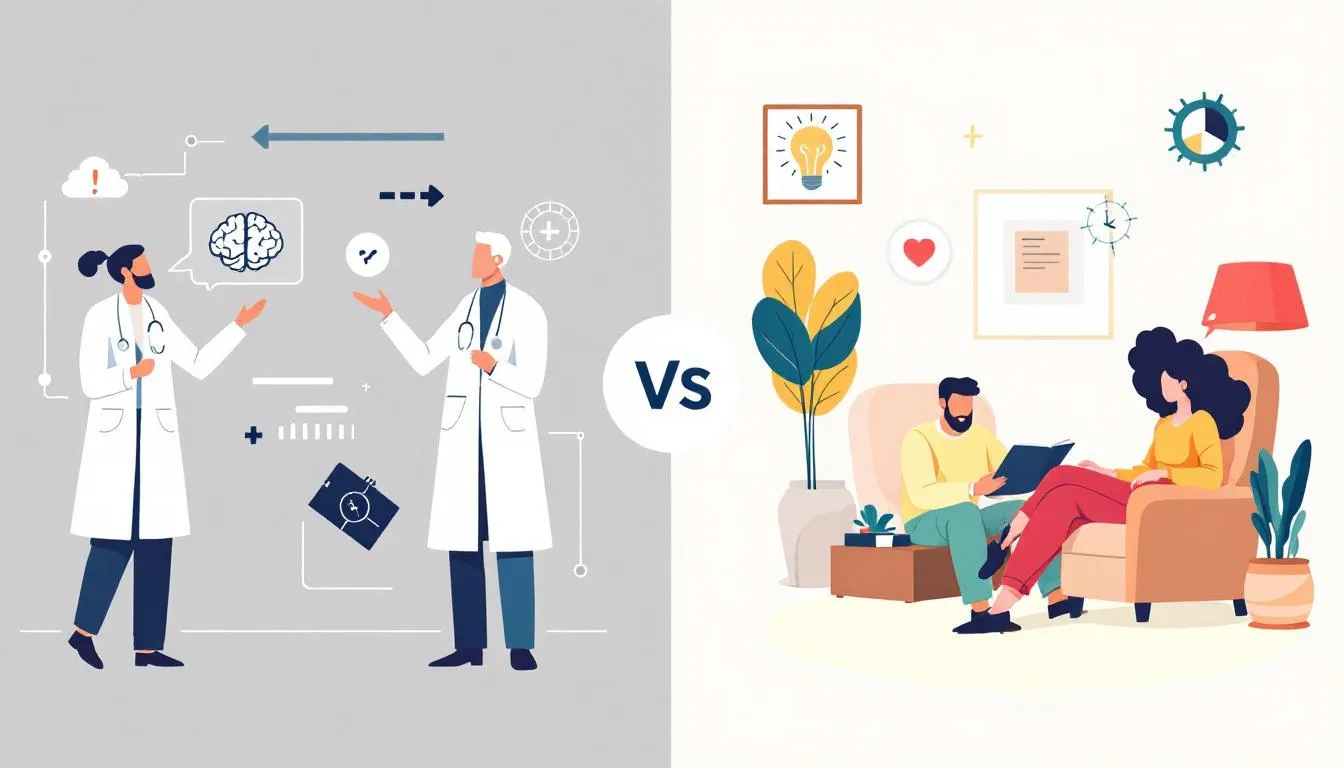 An illustration depicting the difference between a psychiatrist and a therapist.