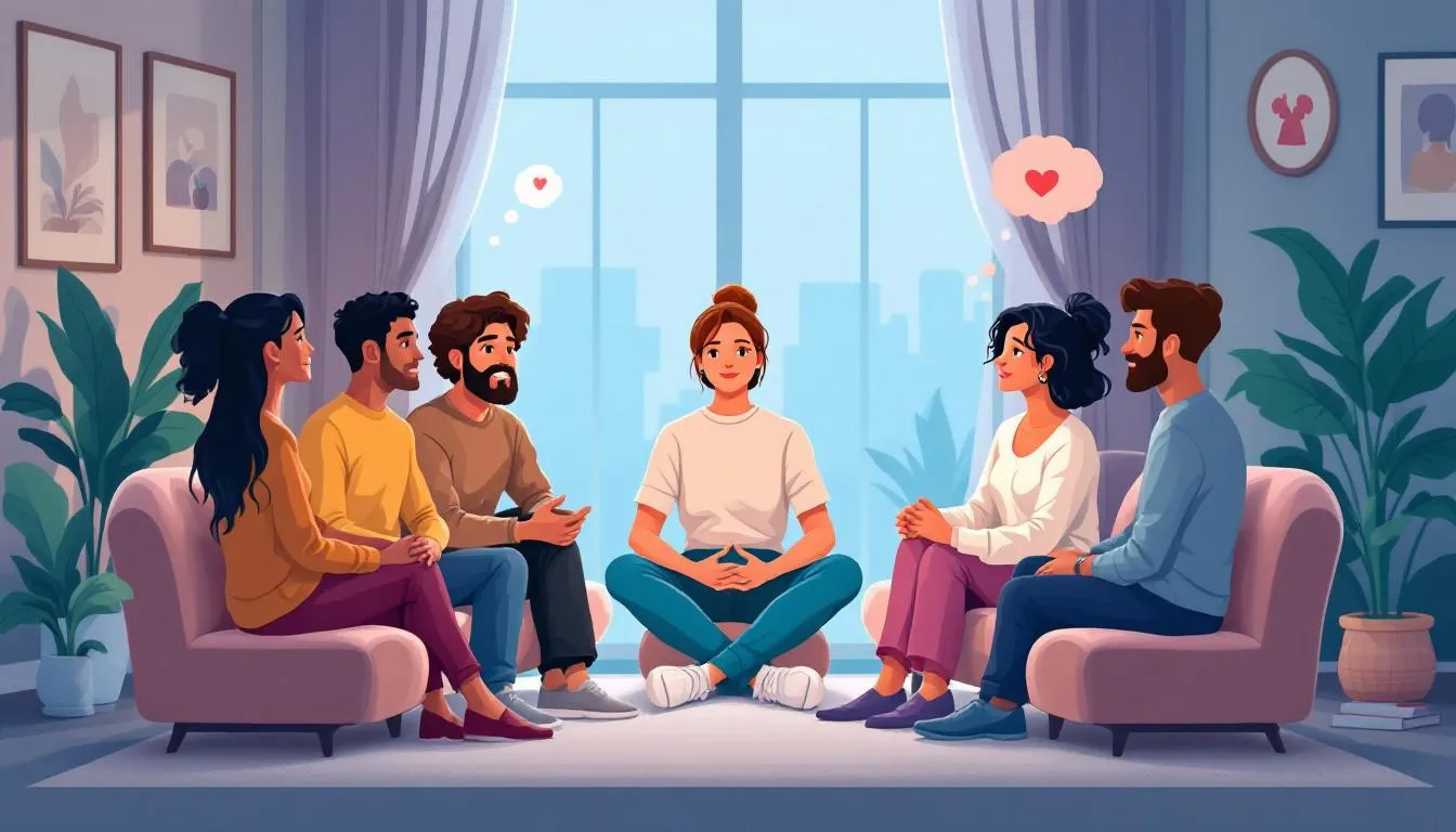 An illustration depicting a diverse group of people engaged in a group therapy session.
