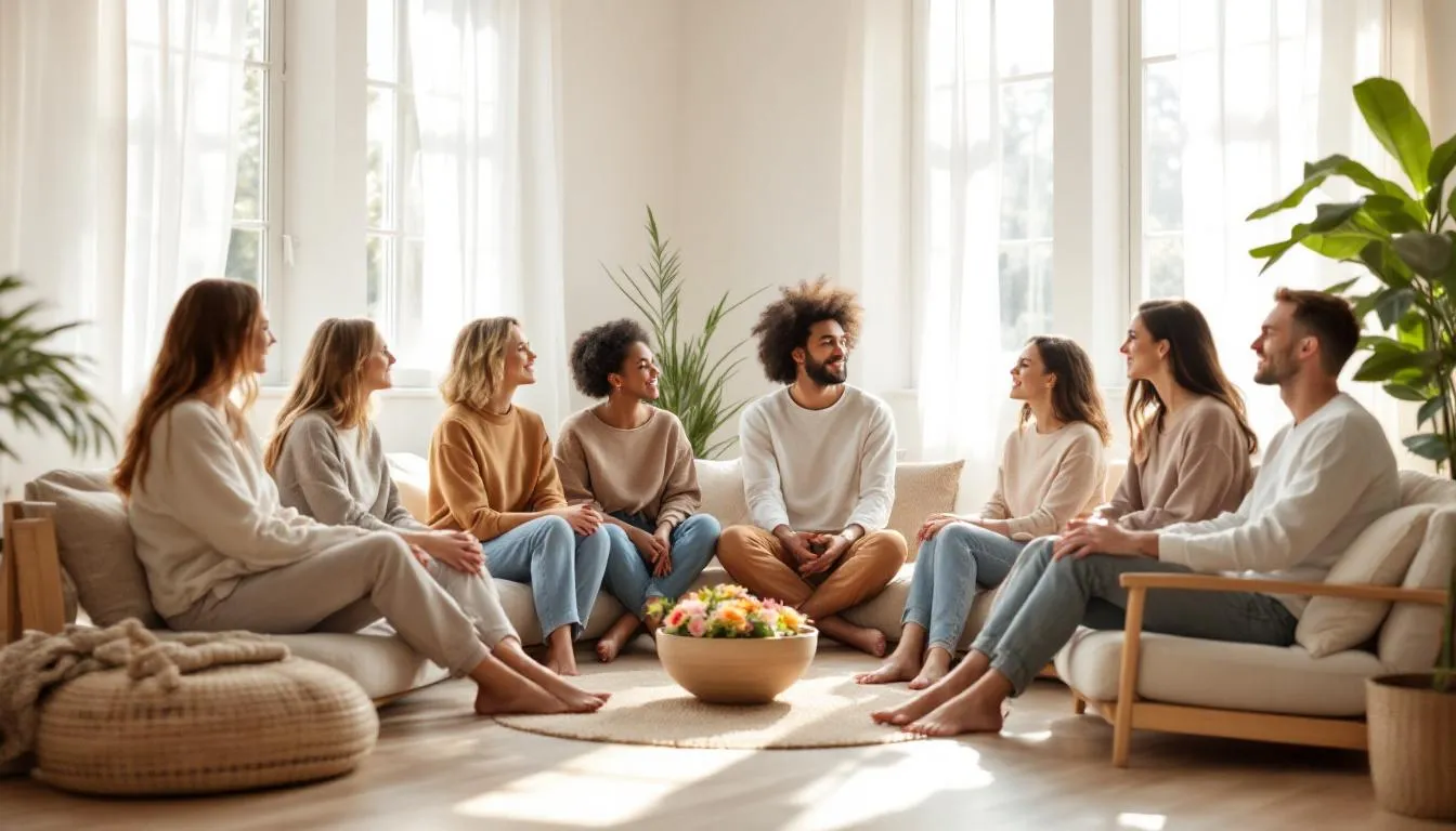 Clients sharing their success stories in a mindful therapy group.