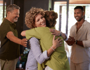 Two women are hugging and smiling indoors, while two men stand nearby, watching and clapping—celebrating their mental health retreat preparation and the supportive journey ahead.