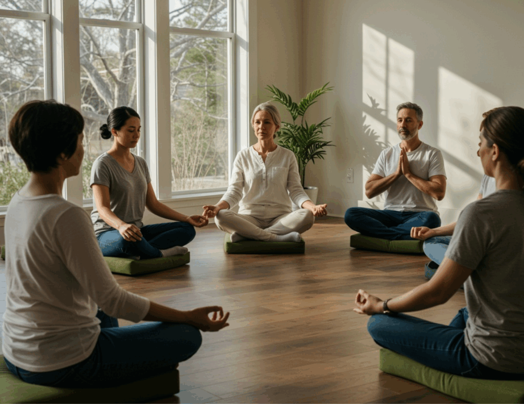 A group of adults sit cross-legged on cushions in a bright room, practicing meditation together for stress relief under the guidance of an instructor at the Bay Area CBT Center.
