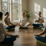 A group of adults sit cross-legged on cushions in a bright room, practicing meditation together for stress relief under the guidance of an instructor at the Bay Area CBT Center.