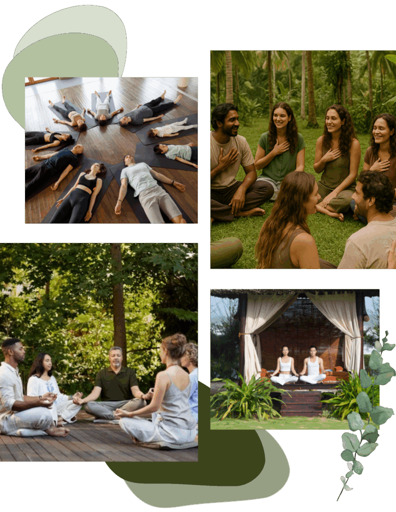 A collage of people practicing yoga, meditation, and mindfulness in group settings at mental health retreats near me, both indoors and outdoors in natural environments.