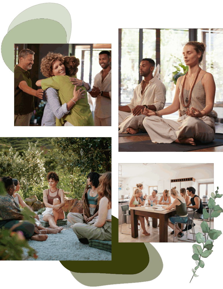 A collage shows people meditating, sitting in a group outdoors during a mental health retreat near me, hugging in greeting indoors, and talking together around a table in a bright room.