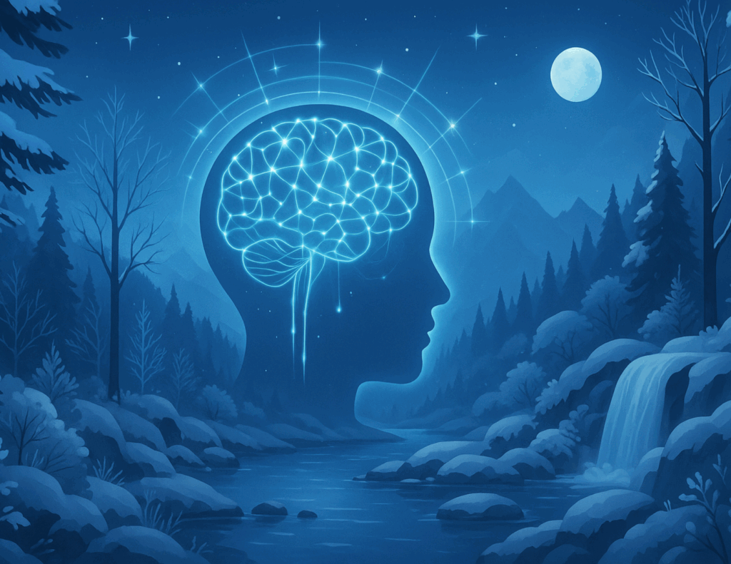 A glowing brain inside a human head silhouette symbolizes brain rewiring, superimposed on a nighttime forest landscape with a river, snowy trees, mountains, and a full moon in the sky.