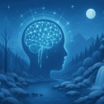 A glowing brain inside a human head silhouette symbolizes brain rewiring, superimposed on a nighttime forest landscape with a river, snowy trees, mountains, and a full moon in the sky.
