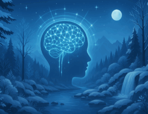 A glowing brain inside a human head silhouette symbolizes brain rewiring, superimposed on a nighttime forest landscape with a river, snowy trees, mountains, and a full moon in the sky.