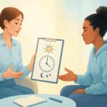 Two women sit together; one holds a clipboard showing a sun, clock, and moon—tools for managing bipolar disorder with Interpersonal and Social Rhythm Therapy. An open notebook and pen rest on a nearby table.