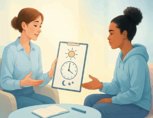Two women sit together; one holds a clipboard showing a sun, clock, and moon—tools for managing bipolar disorder with Interpersonal and Social Rhythm Therapy. An open notebook and pen rest on a nearby table.