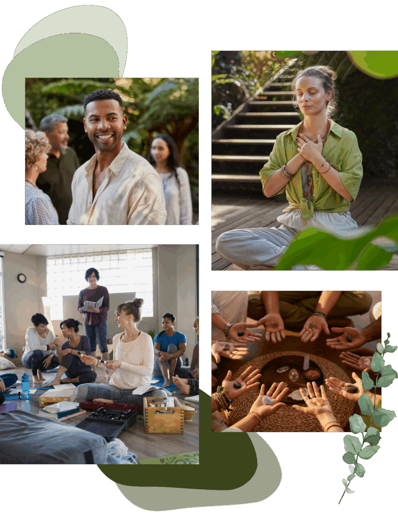 A group of people participating in a mental wellness retreat near me and meditation activities, including group discussion, meditation, and showing stones in their hands.