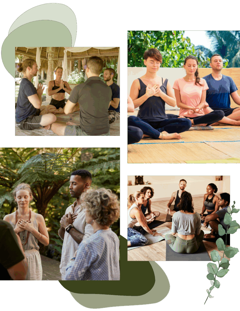 Collage of diverse groups of people practicing meditation or mindfulness in indoor and outdoor settings at a health and wellness retreat California.